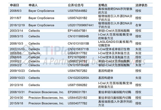 围绕归巢核酸内切酶的部分专利申请.